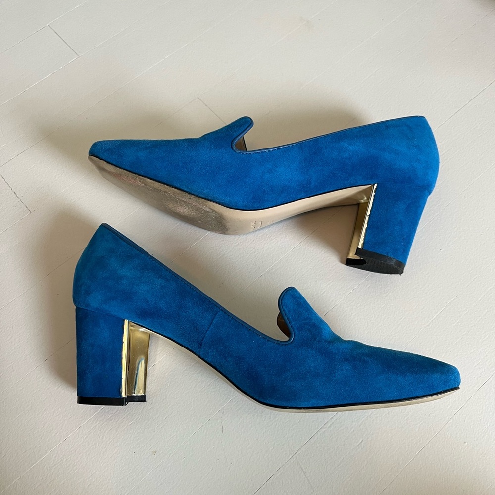 Blue suede heel shoe with gold capped heel
